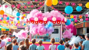 Geniet van kleurrijke wafel katoen in een levendige kraam op de kermis.