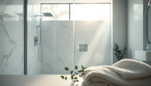 View of a paroi de douche sirhona en verre dans une salle de bain moderne, mettant en valeur son élégance.
