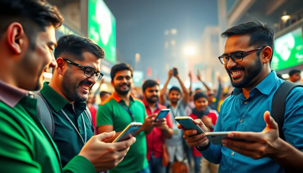 Engaged bettors participating in sports betting in India showcasing mobile apps and excitement.