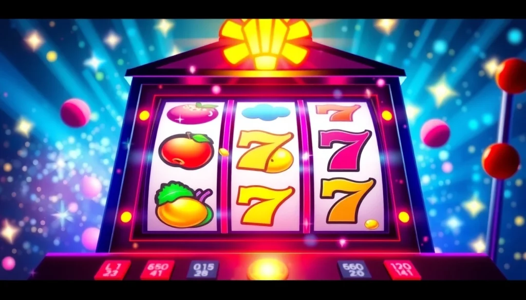 Mainkan slot online di mesin slot berwarna cerah dengan simbol beruntung.