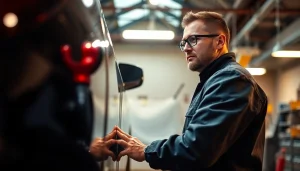 Gutachter Auto Aachen inspiziert detailliert ein Fahrzeug in einer modernen Werkstatt.