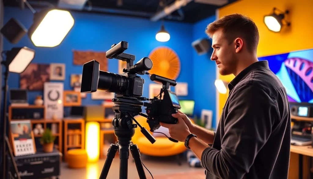 Creating engaging video production content with a professional videographer in a well-lit studio.