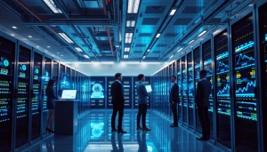 Cloud mining facility with high-performance servers and digital interfaces showcasing cryptocurrency mining technology.