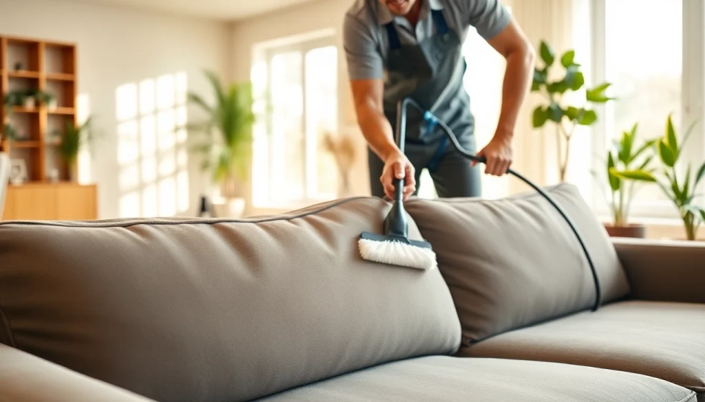 Experience exceptional sofa cleaning Dubai with a professional cleaner in a bright home environment.