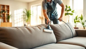 Experience exceptional sofa cleaning Dubai with a professional cleaner in a bright home environment.