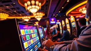 Menggambarkan agen toto slot dengan pemain bersemangat yang menikmati mesin slot di kasino.