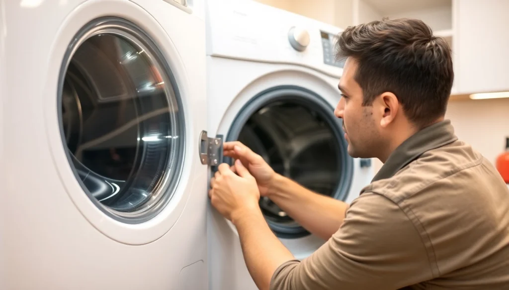 Washing machine repair Philadelphia: technician working on a washing machine in a modern kitchen.