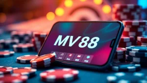 MV88 app interface with gaming paraphernalia in a vibrant, trustworthy setting.