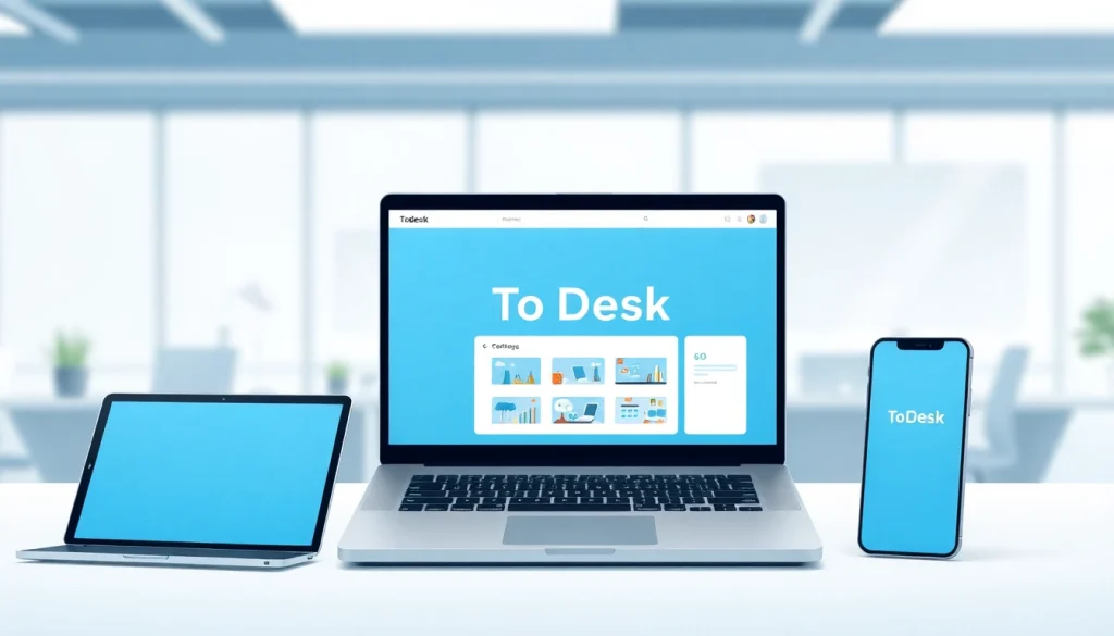 Experience seamless connectivity with ToDesk官网 displayed across modern devices in a professional workspace.