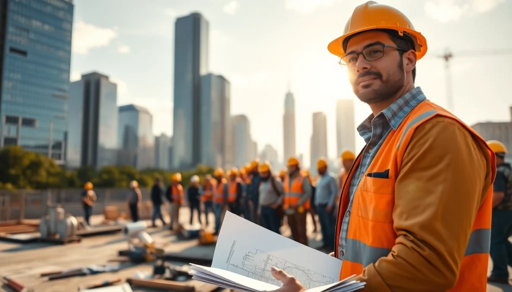 New York General Contractor supervising construction with urban buildings in the background.