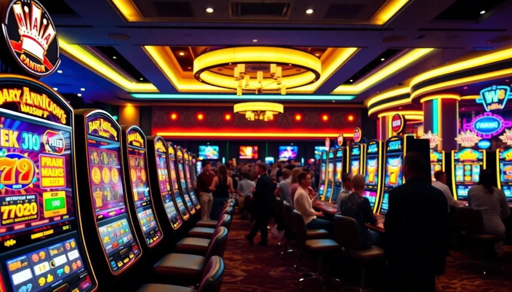 JW8 कैसीनो खेलों का उत्साहपूर्ण वातावरण, जिसमें धन्य मशीनों की छवि है।