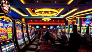 JW8 कैसीनो खेलों का उत्साहपूर्ण वातावरण, जिसमें धन्य मशीनों की छवि है।