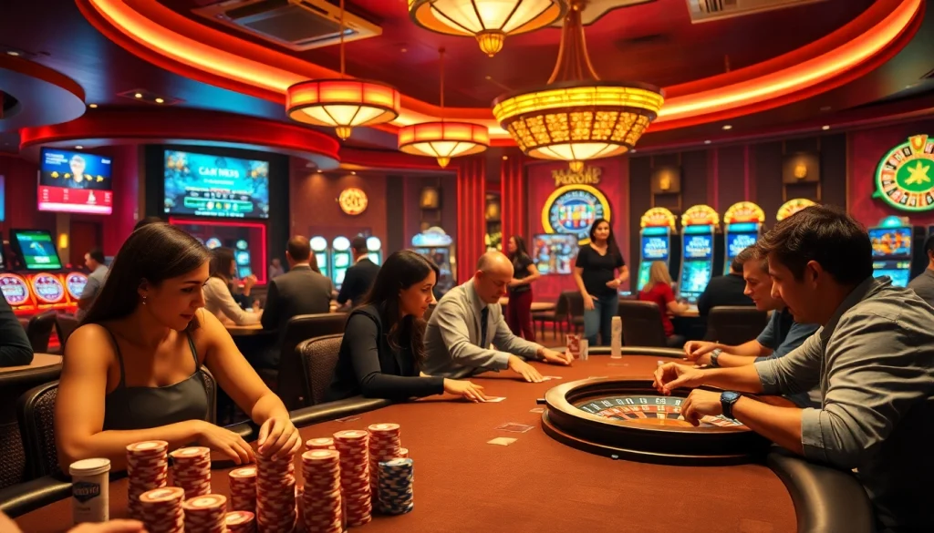 Engage in thrilling casino action at https://kjc.uk.com/ with players at a poker table and a roulette wheel.