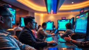 Momen menarik saat bermain togel online dengan pemain serius dan layar digital penuh angka.