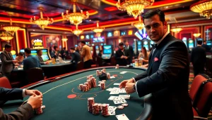 mm88 gaming scene featuring players in an energetic casino environment, capturing excitement and tension.