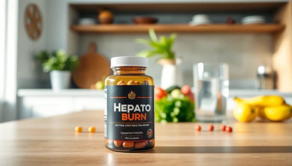 Reviewing the Hepato Burn supplement with a sleek bottle and fresh ingredients in a bright kitchen.