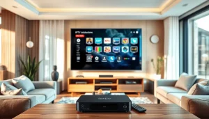 Bekijk de moderne IPTV boxen op https://satdeal.nl in een stijlvolle woonkamer setting.