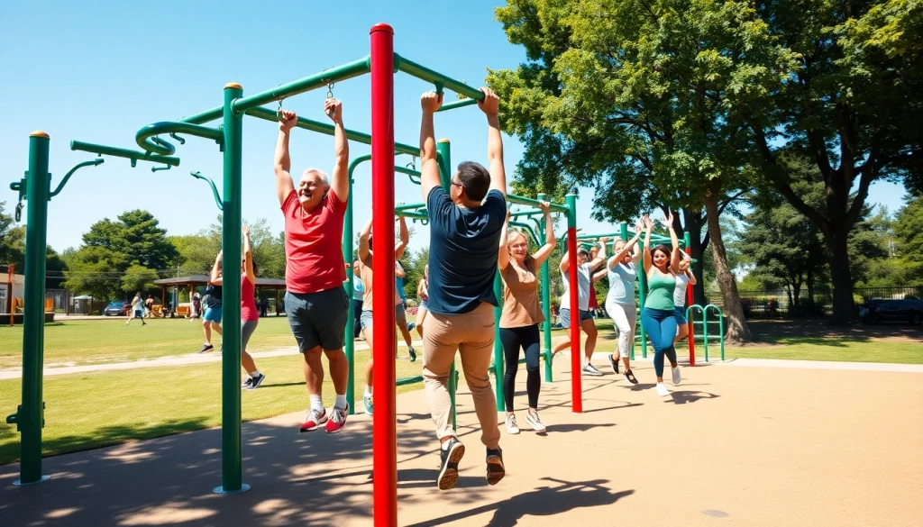Group exercising on outdoor gym equipment in a vibrant park setting.