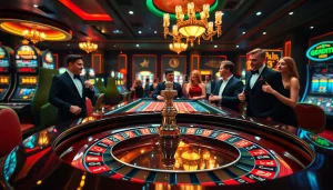 Engage with MM88 at a vibrant casino featuring an elegant roulette table and excited players.