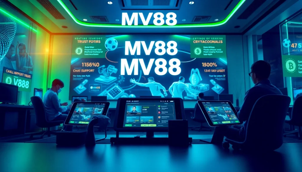 Engaging scene of MV88 online betting platform with cryptocurrency and support chat elements.