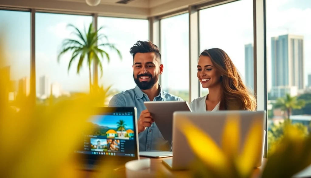 Couple exploring options for Buying property in Mexico as an American in a bright office.