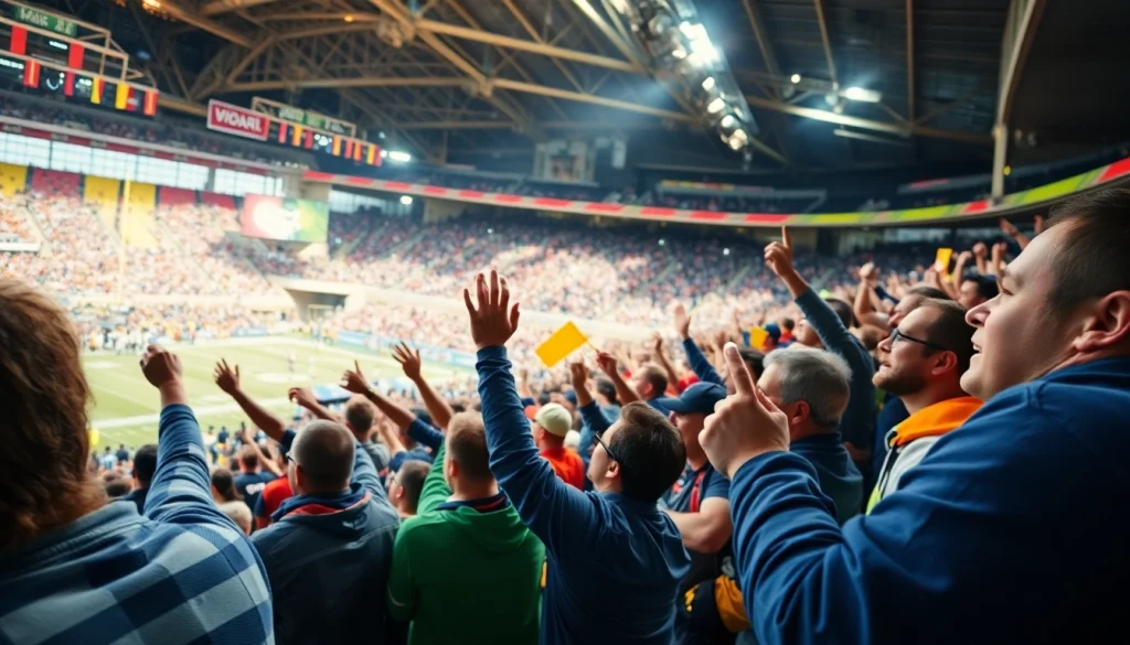 스포츠중계의 열정적인 팬들이 경기장에서 응원하는 모습