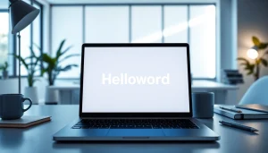 Using helloworld电脑版 on a sleek laptop in a stylish office setting.