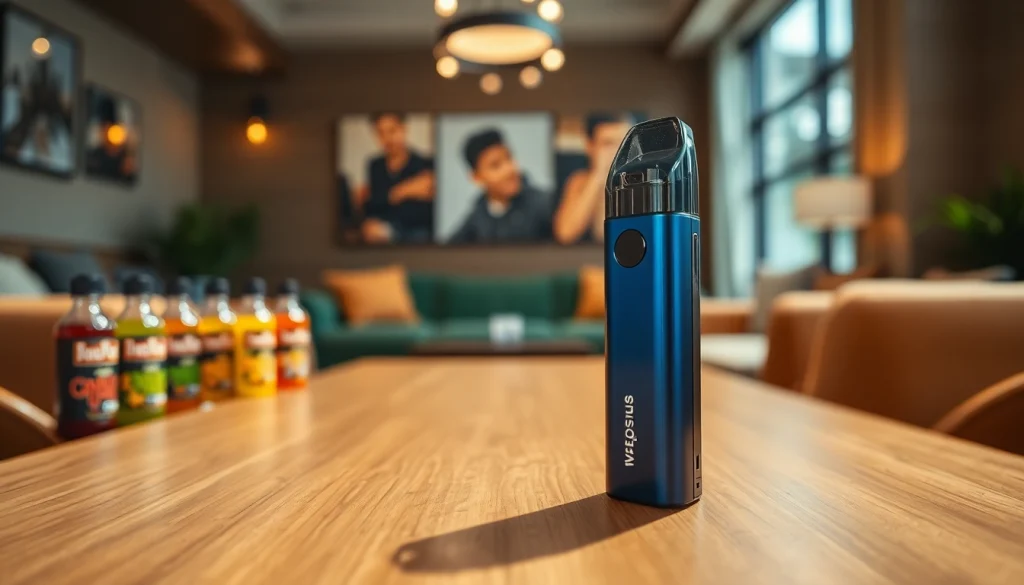 Showcase a sleek pod kit with vibrant vape juice in a cozy setting.