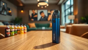 Showcase a sleek pod kit with vibrant vape juice in a cozy setting.