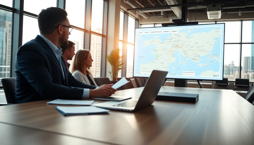 Showcasing real estate properties with a professional agent in an urban office setting.