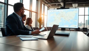 Showcasing real estate properties with a professional agent in an urban office setting.