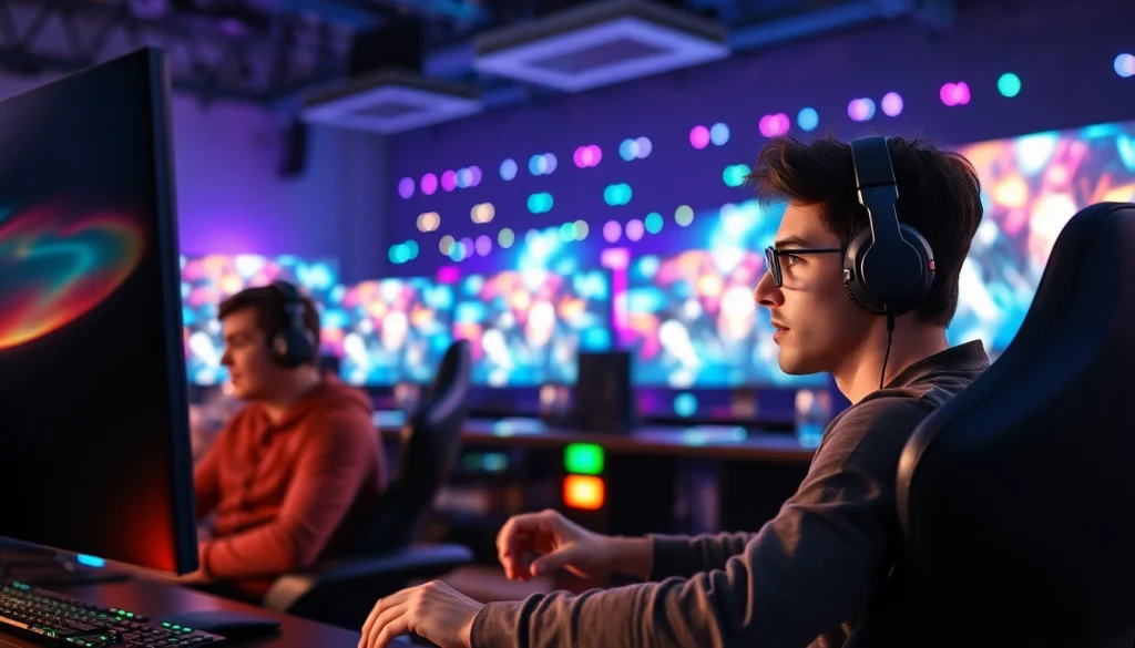 Engaging gaming scene at https://rusia777.com with players immersed in action and vibrant lighting.