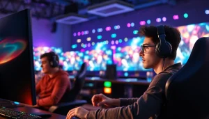 Engaging gaming scene at https://rusia777.com with players immersed in action and vibrant lighting.
