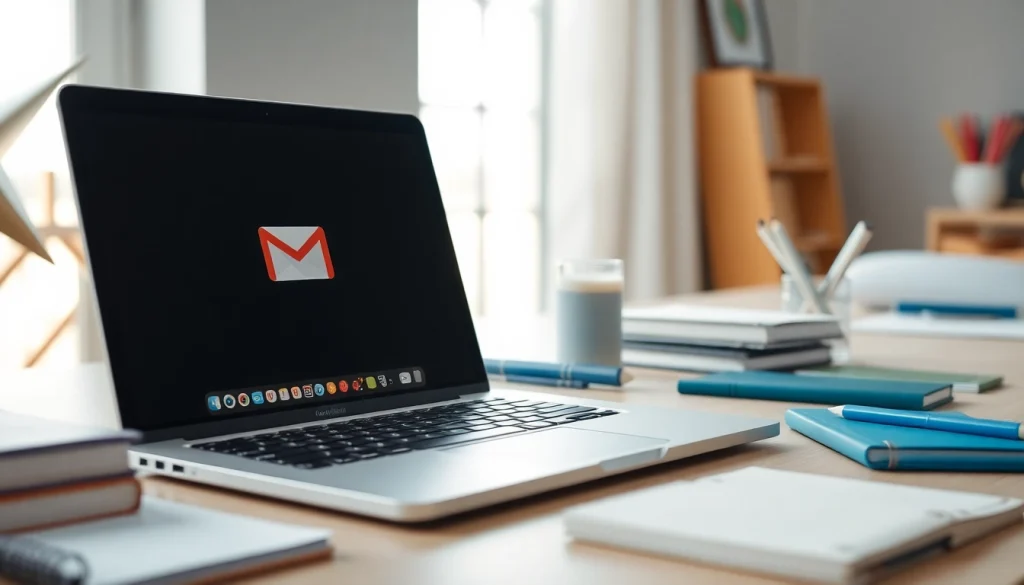 Using Gmail邮箱 on a laptop in a bright, organized workspace with elegant decor.