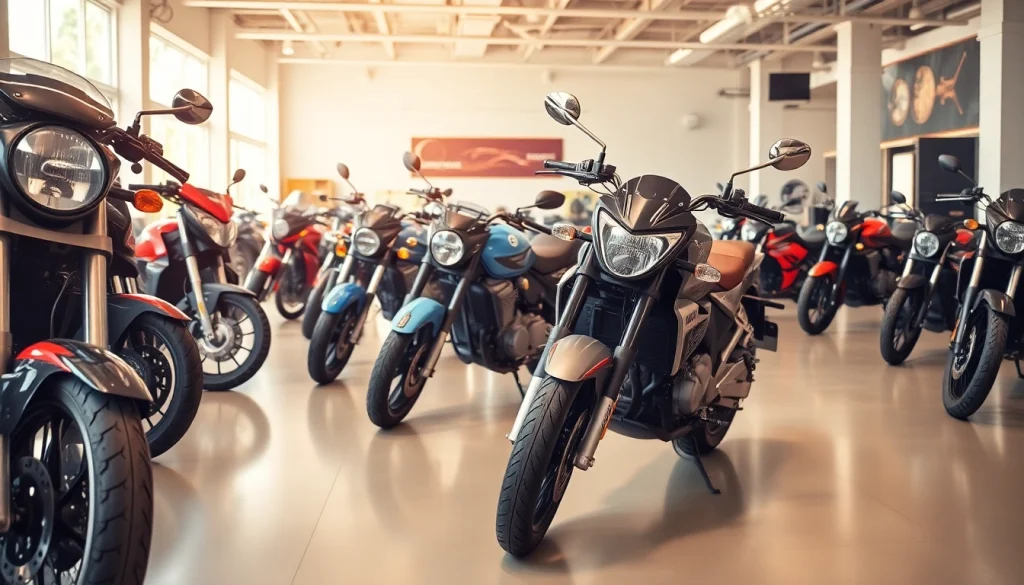 Verkauf von motorrad gebraucht in einem modernen Motorradsalon mit glänzenden Motorrädern.