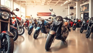 Verkauf von motorrad gebraucht in einem modernen Motorradsalon mit glänzenden Motorrädern.