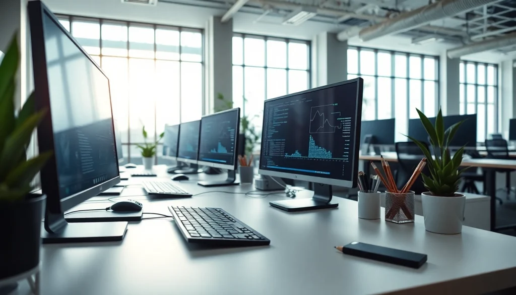 Enhance productivity at a typing center with high-tech workstations and natural lighting.