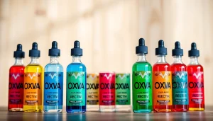 Erkunden Sie Oxva Liquid Flaschen in verschiedenen Farben und Geschmacksrichtungen auf einem Holzhintergrund.