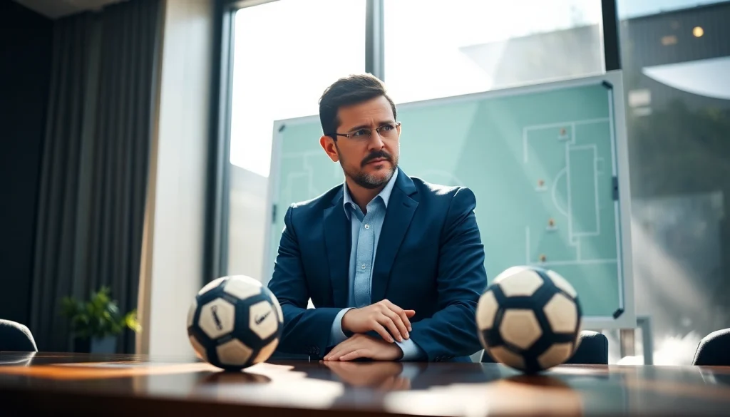 Analyze football strategies with Marco Silva at https://diknews.co.uk/marco-silva/, showcasing leadership in a modern office.