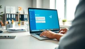 Using Telegram电脑版 on a laptop amidst an organized workspace, indicating productivity.