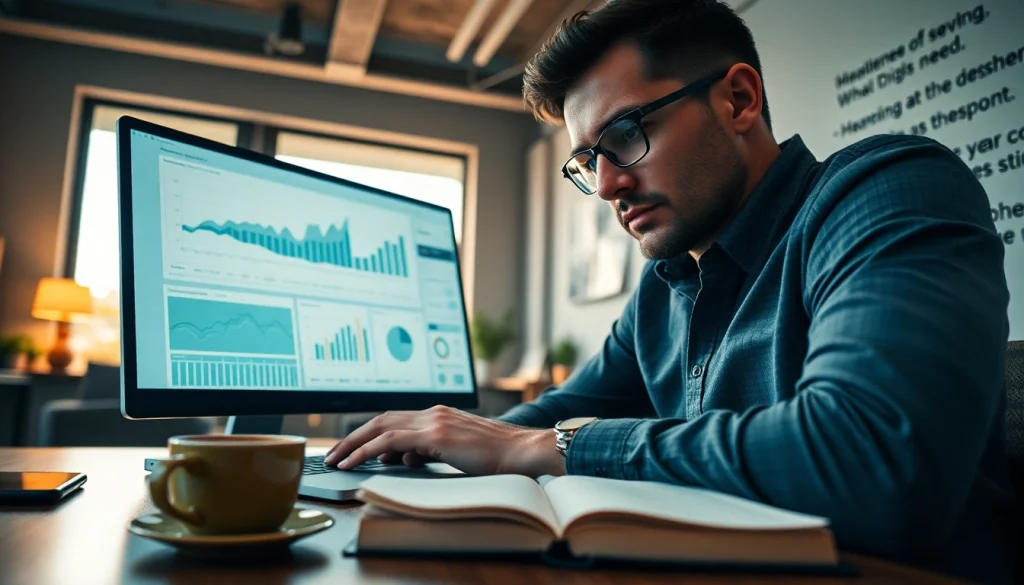 Analyze digital marketing trends at https://presshackers.com with a laptop in a modern office.