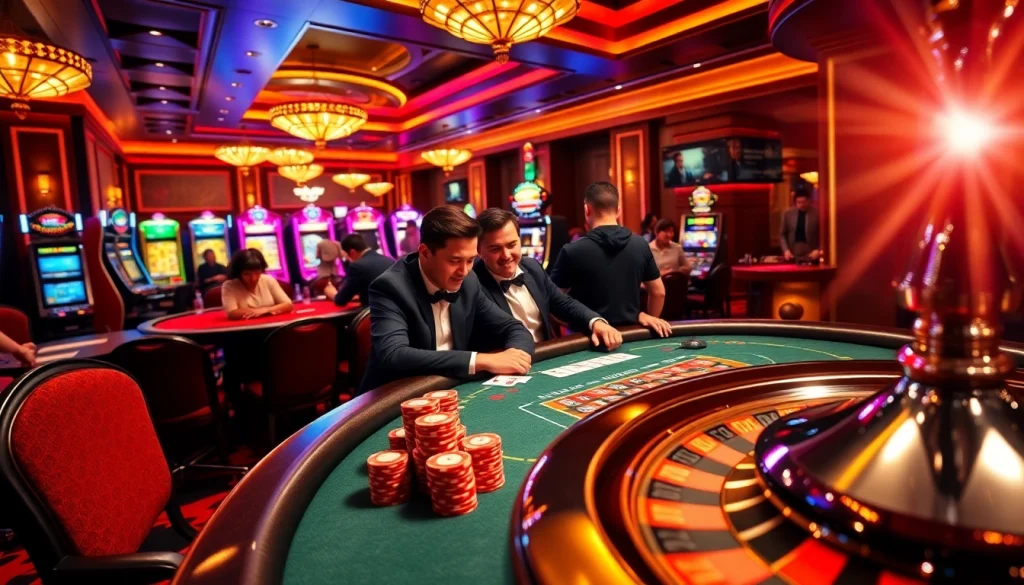 Players enjoying a thrilling game at XX88's luxurious casino tables filled with color and excitement.