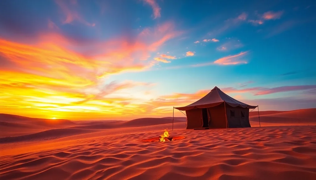 Experience the allure of morocco travel with stunning sunset over Sahara Desert and traditional Berber tent.