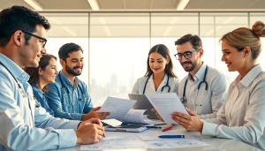 Engaged healthcare team collaborating at https://www.medexdtc.com in a modern office.