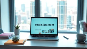 A vibrant digital workspace featuring a laptop displaying https://eztips.com with stylish stationery and cityscape.