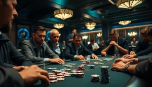 Engaged players at a poker table feature 79king prominently, showcasing intense concentration and competitive atmosphere.