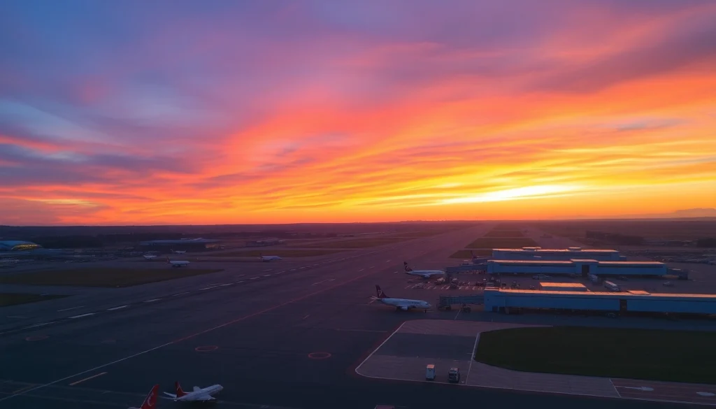 Luton Airport bustling with activity at sunset, capturing planes and vehicles on the runway.