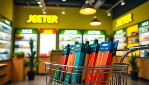 Showcase a vibrant jeeter juice cart filled with colorful vape products in a modern store.