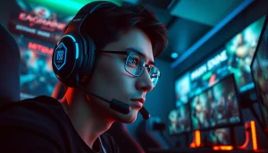 Engaged gamer competing in an intense MV88 game with focused expression and high-tech gear.