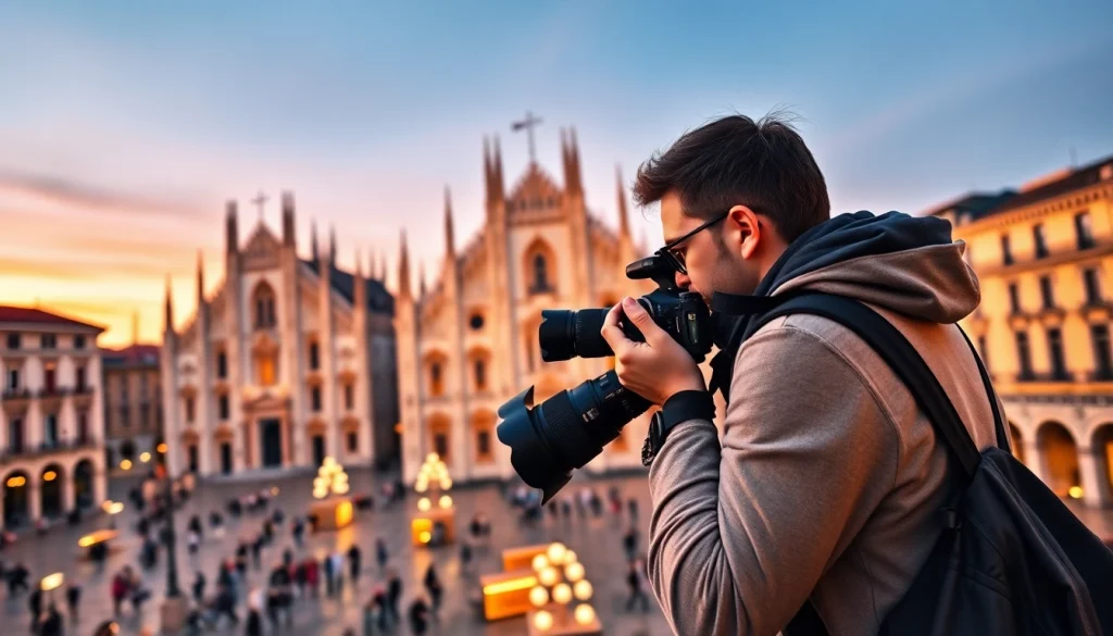 Fotografo Milano in azione mentre cattura il Duomo di Milano al tramonto.